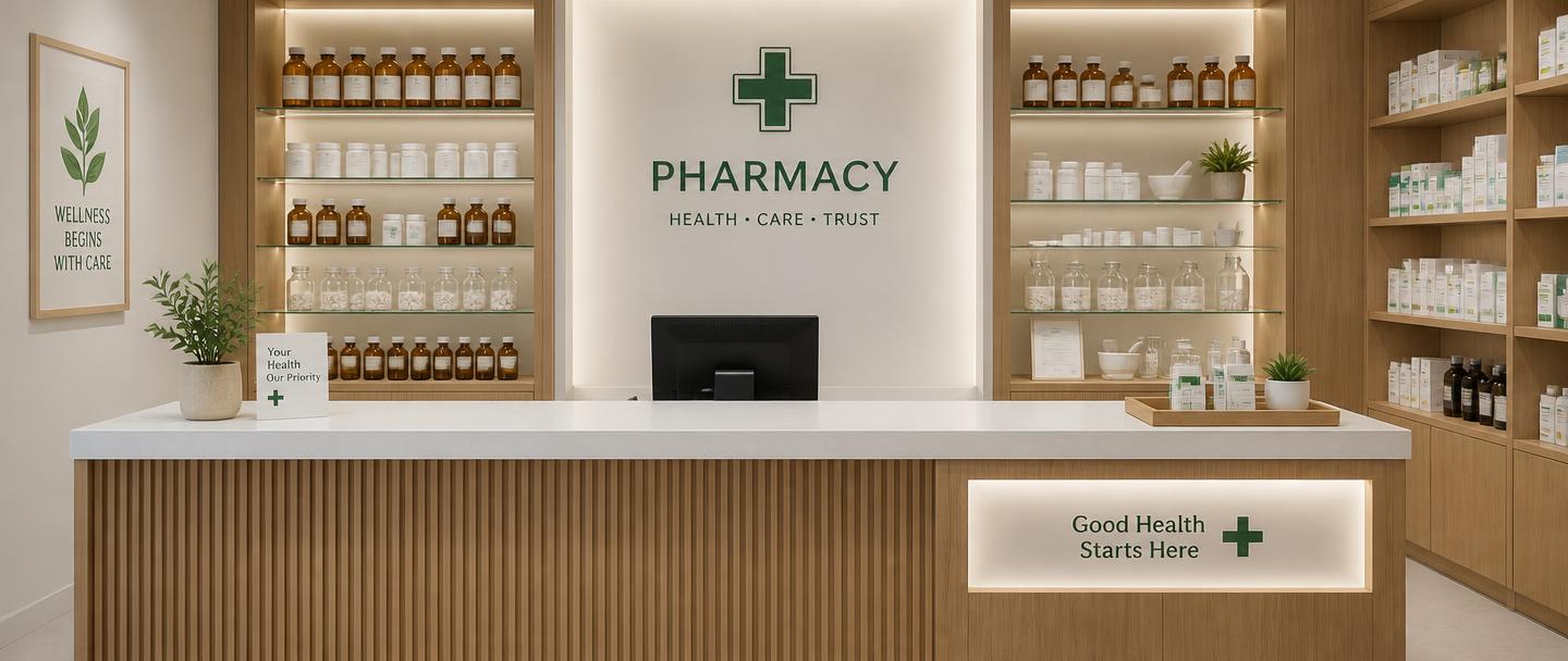 Clean, professional pharmacy counter with organized supplies